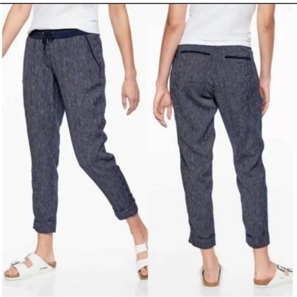 Athleta Striped Bali Linen Ankle Cropped Pants Womens 6 Blue - Picture 1 of 8